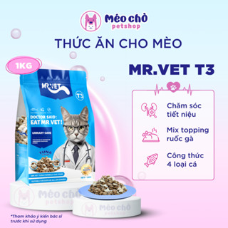 Hạt cho mèo MRVET T3 gói 1KG cải thiện tiết niệu, mix topping ruốc gà, công thức 4 loại cá biển