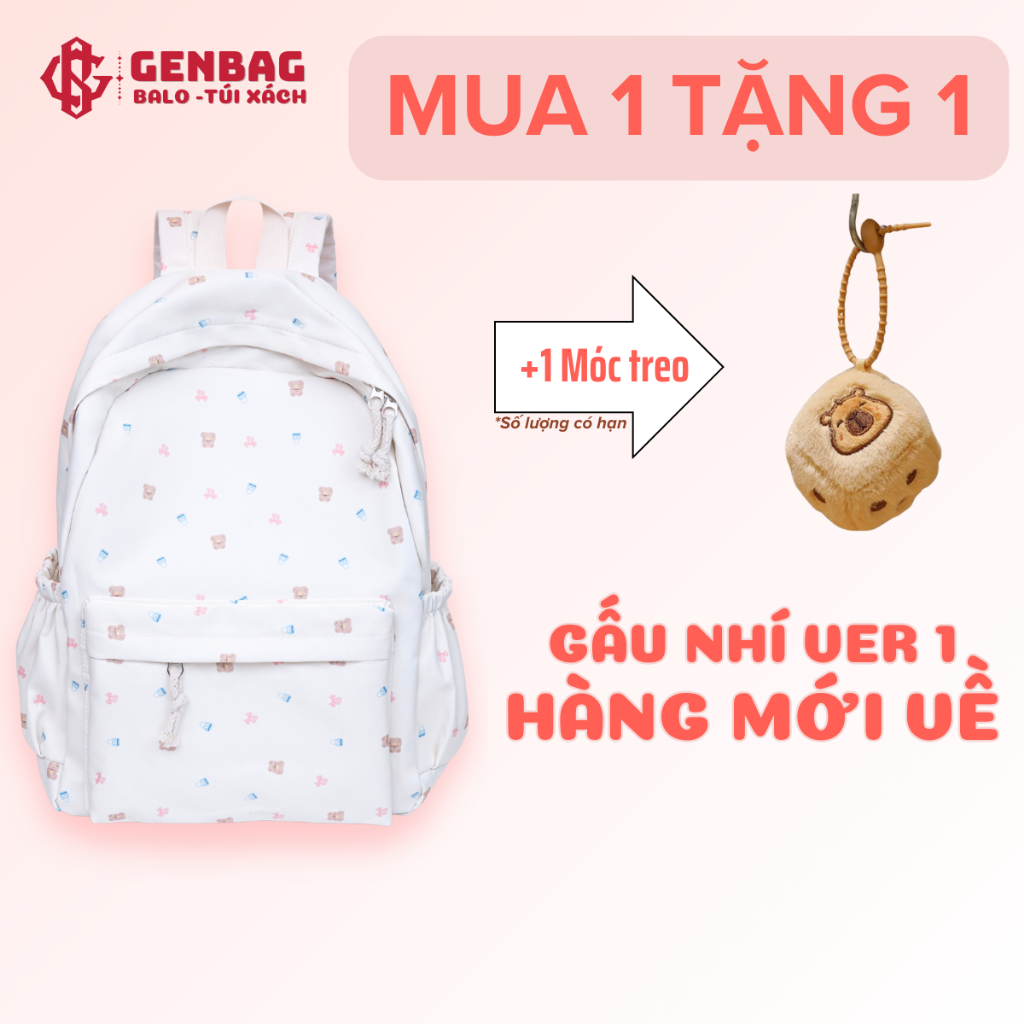 Balo gấu nhí GENBAG cute, balo thời trang nữ đi học nhiều ngăn vải dù trượt nước BL03