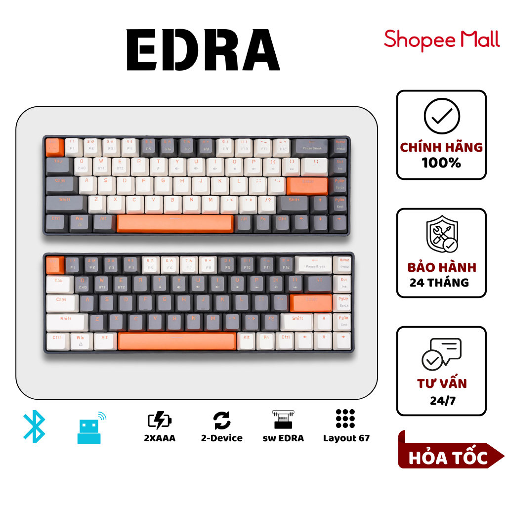Bàn Phím Cơ Gaming EDRA EK368L Alpha/ Beta (Layout 68, Bluetoolh ,USB 2,4Ghz) - Bảo Hành 24 Tháng
