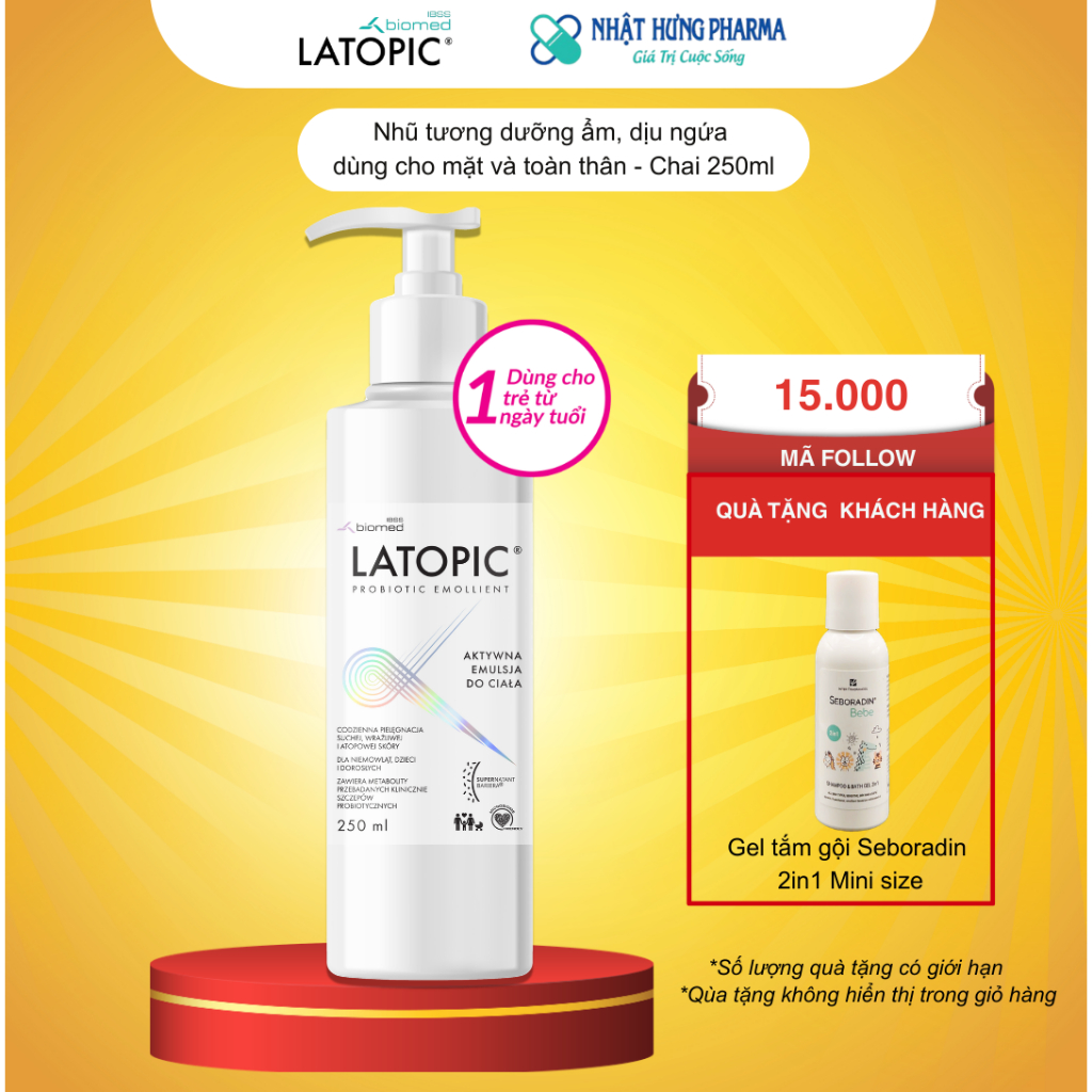 Nhũ Tương Dưỡng Ẩm LATOPIC PROBIOTIC EMOLLIENT ACTIVE BODY EMULSION dưỡng ẩm toàn thân, làm dịu da, 