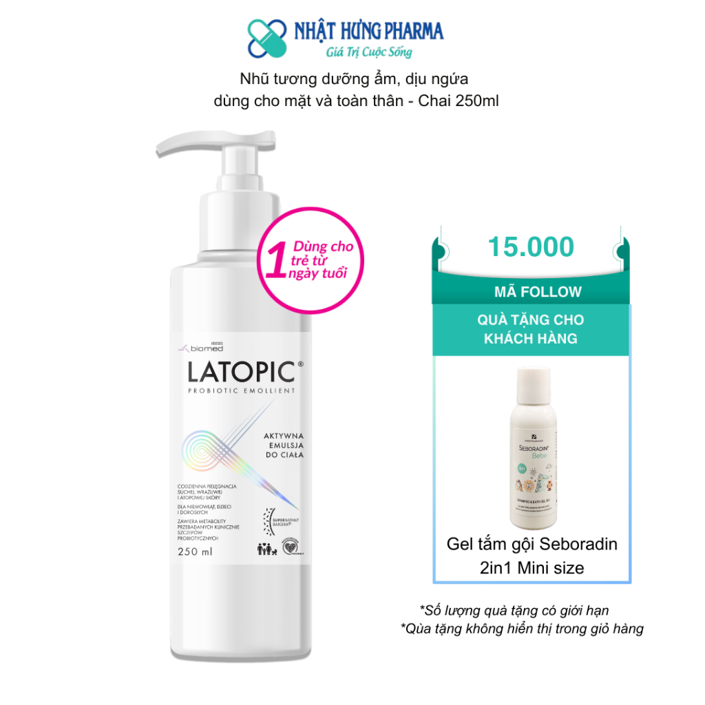 Nhũ tương LATOPIC PROBIOTIC EMOLLIENT ACTIVE BODY EMULSION dưỡng ẩm, dịu ngứa toàn thân cho da dị ứn