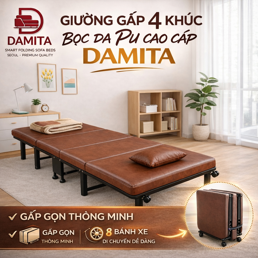 Giường gấp gọn 4 khúc bọc da văn phòng thông minh xếp gọn có thể gấp thành ghế rất tiện lợi cho dân 