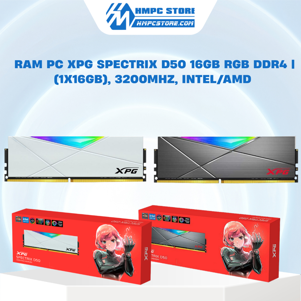 RAM PC XPG Spectrix D50 16GB RGB DDR4 | (1x16GB), 3200MHz, Intel/AMD, bảo hành 60 tháng