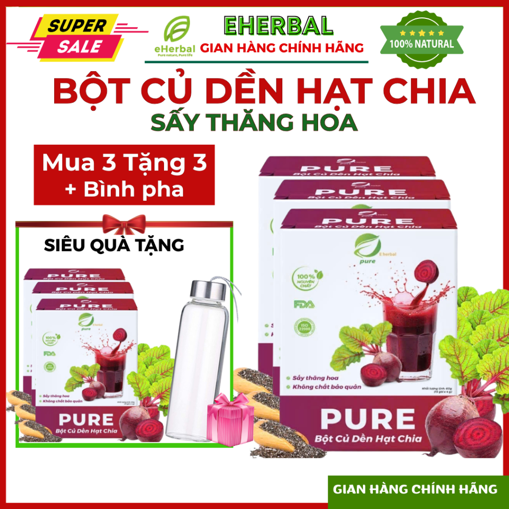 [GIÁ CHÍNH HÃNG -MUA 3 TẶNG 3] Bột Củ Dền Hạt Chia PURE Eherbal Sấy Thăng Hoa Nguyên Chất Hộp 15 Gói