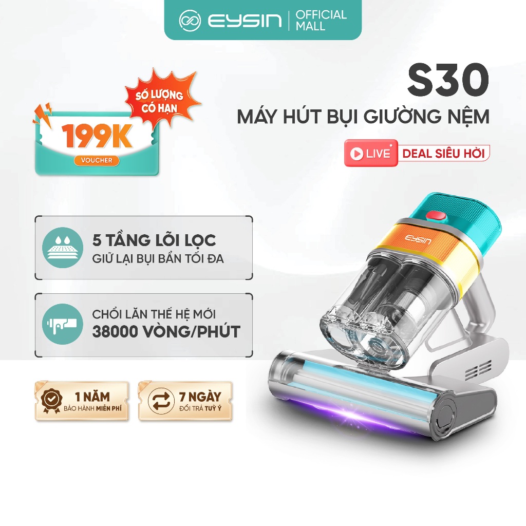 Máy hút bụi giường nệm EYSIN S30 Lực hút mạnh 21000PA Công suất 400W Đèn UV khuẩn Lõi lọc HEPA đa tầ
