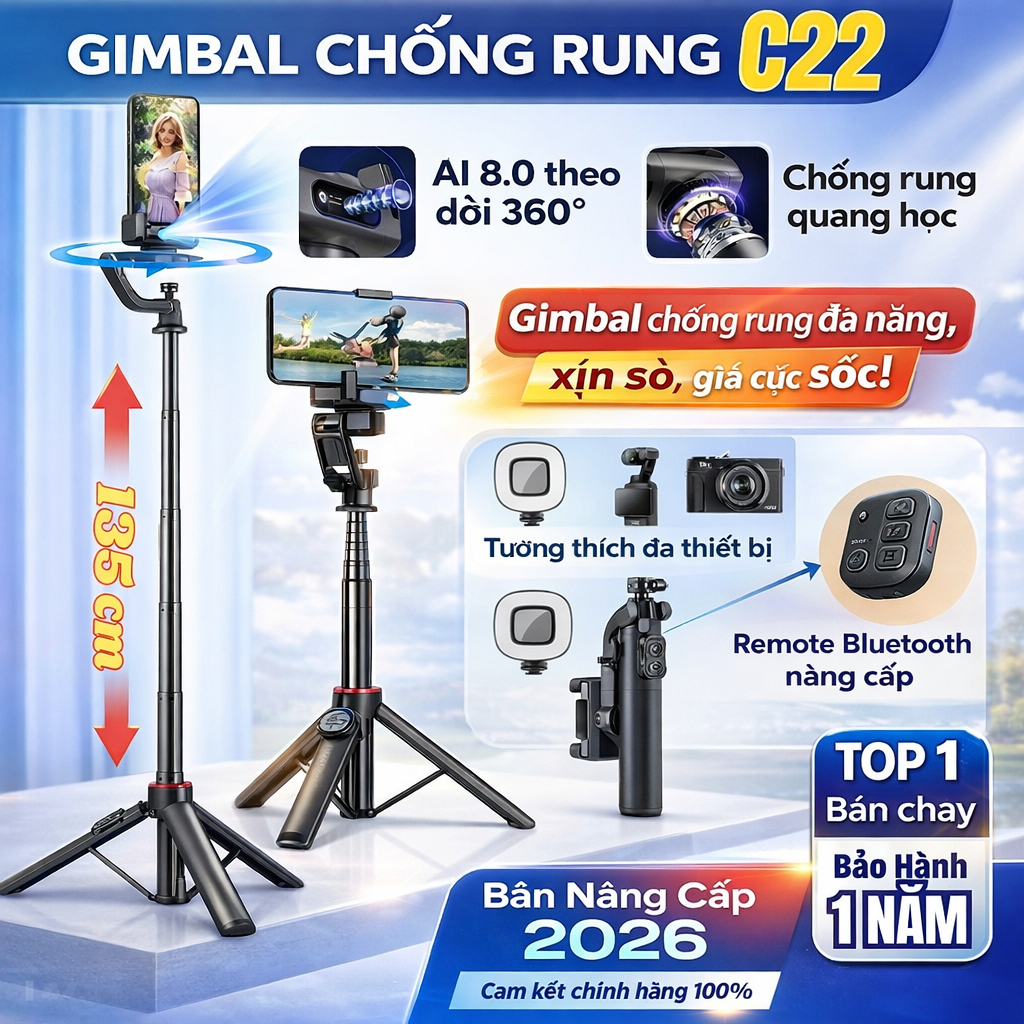 Tripod Điện Thoại AI C22 Kiêm Gimbal Xoay 360 Độ Chống Rung Theo Dõi Chuyển Động Nâng Cấp 2026 | BigBuy360 - bigbuy360.vn
