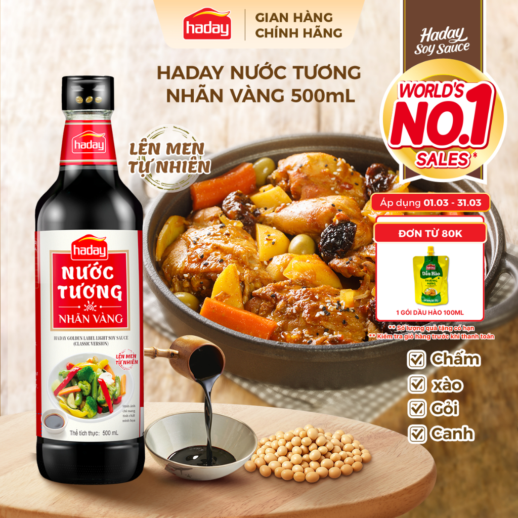 Nước tương Haday Nhãn Vàng 500ml - Ăn chay, nấu món ăn, làm nước chấm dimsum