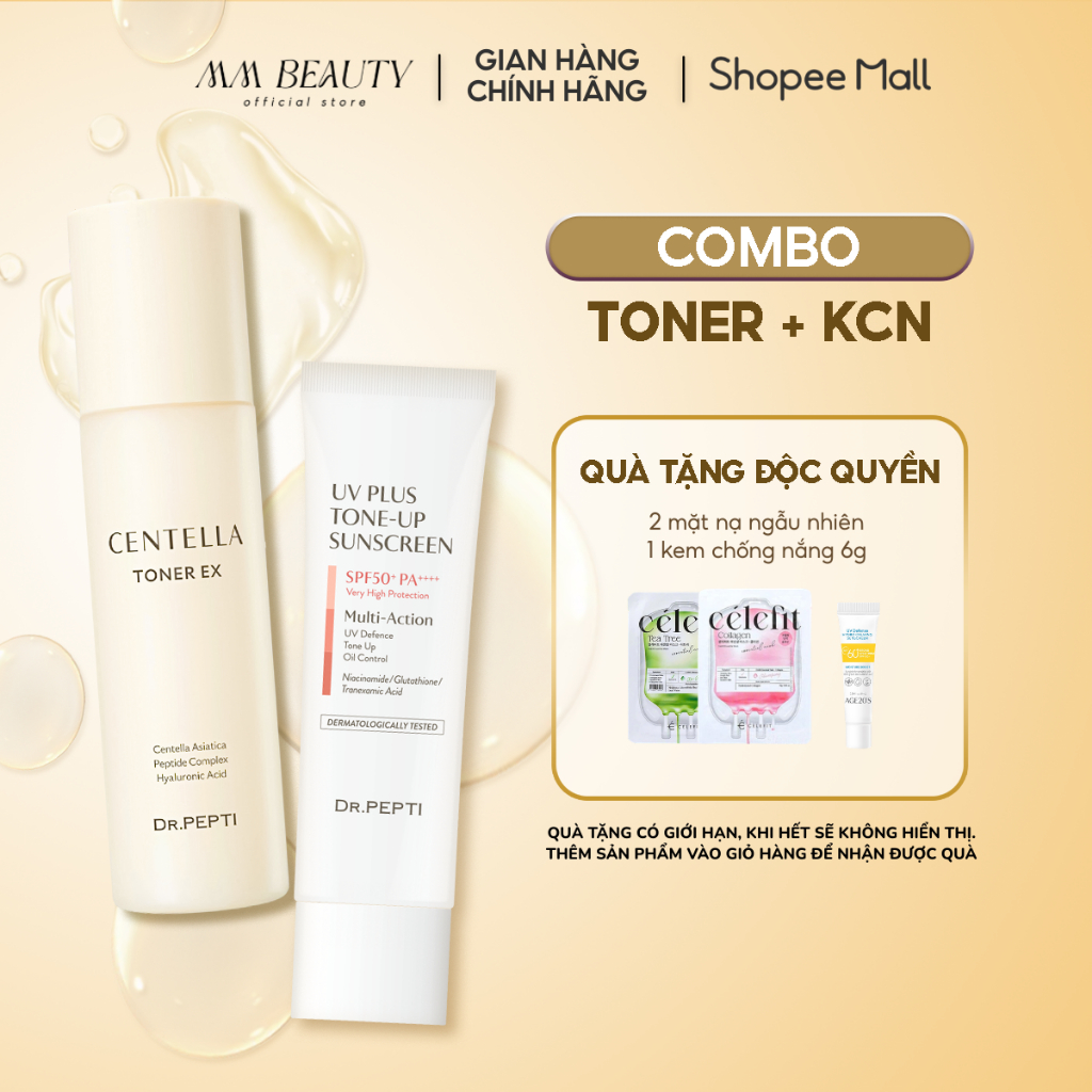 COMBO Nước Hoa Hồng Dr.Pepti Centella Toner EX 180ml + Kem Chống Nắng Dr.Pepti UV Plus Tone-Up Sunsc