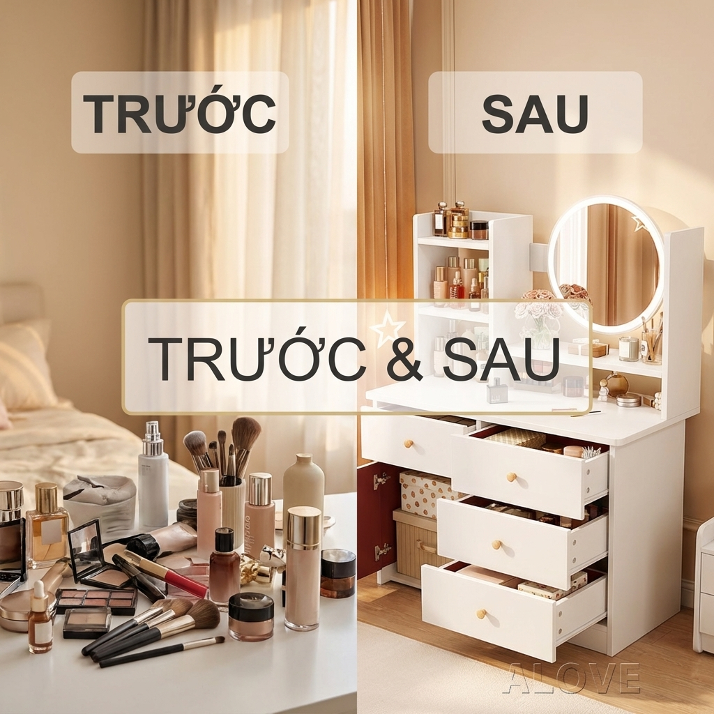 BMZAR Bàn trang điểm đa chức năng với đèn LED và nhiều ngăn kéo tiết kiệm không gian | BigBuy360 - bigbuy360.vn