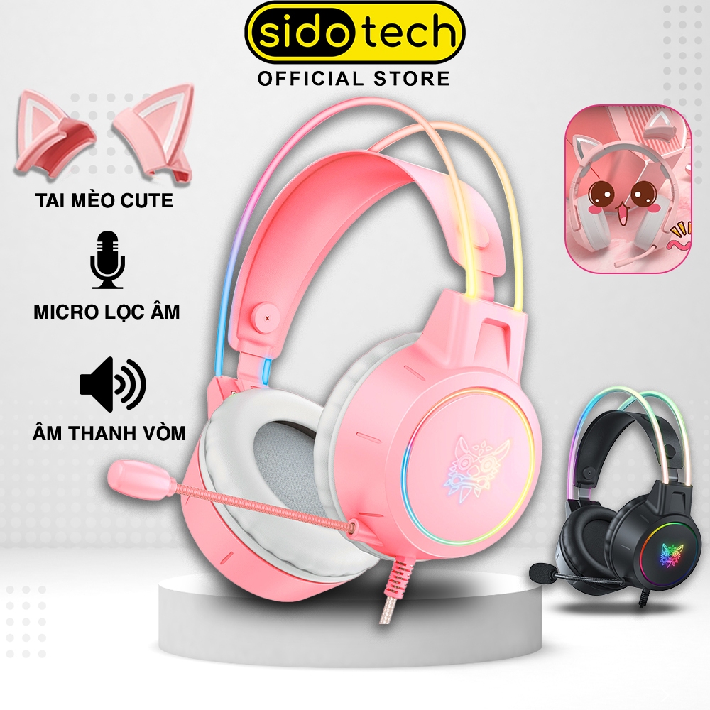 Tai nghe chụp tai có dây cute SIDOTECH ONIKUMA X15 tai mèo hồng gaming âm thanh vòm 3D super bass mi