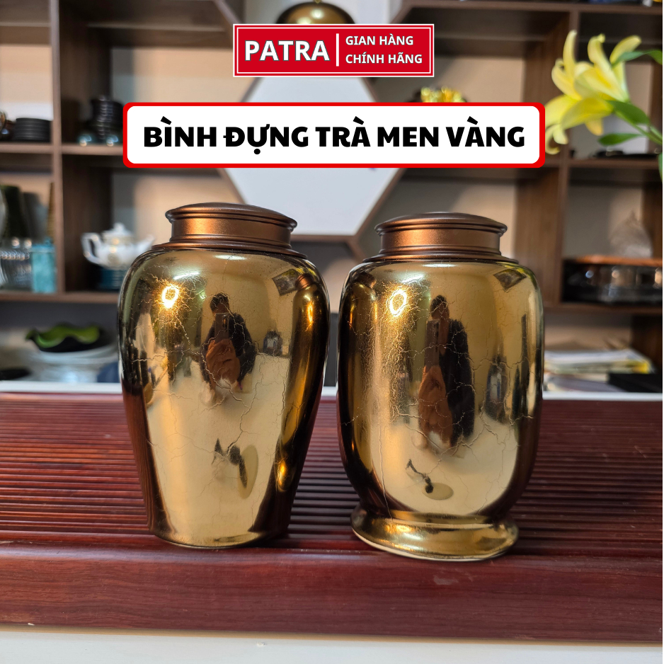 Bình Đựng Trà, Hũ Đựng Trà Gốm Sứ Bát Tràng Men Vàng Cao Cấp