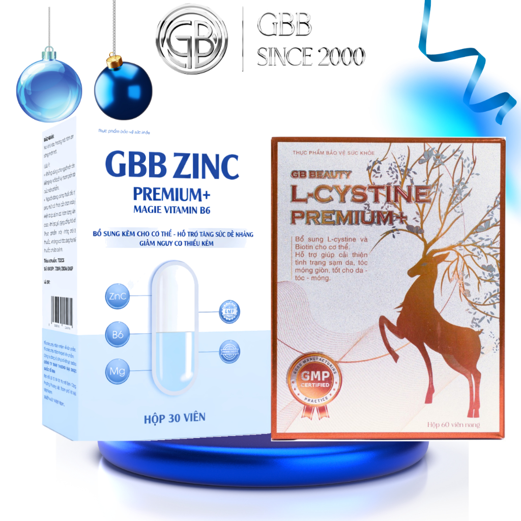 COMBO hỗ trợ mọc tóc, giảm mụn, cải thiện da tối màu GB BEAUTY L-CYSTINE PREMIUM+ 60 viên và Kẽm  30