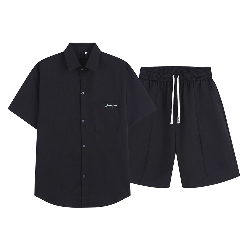 Bộ sơ mi Nam áo sơ mi cộc tay quần short chất liệu đũi xước chữ túi thoáng mát mặc nhà, mặc đi chơi, đi biển