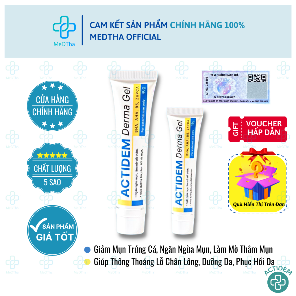 Gel Actidem Derma - Gel Ngừa Mụn, Mờ Thâm, Dưỡng Ẩm, Phục Hồi Da, Dưỡng Da Mịn Màng (Tuýp 18g)