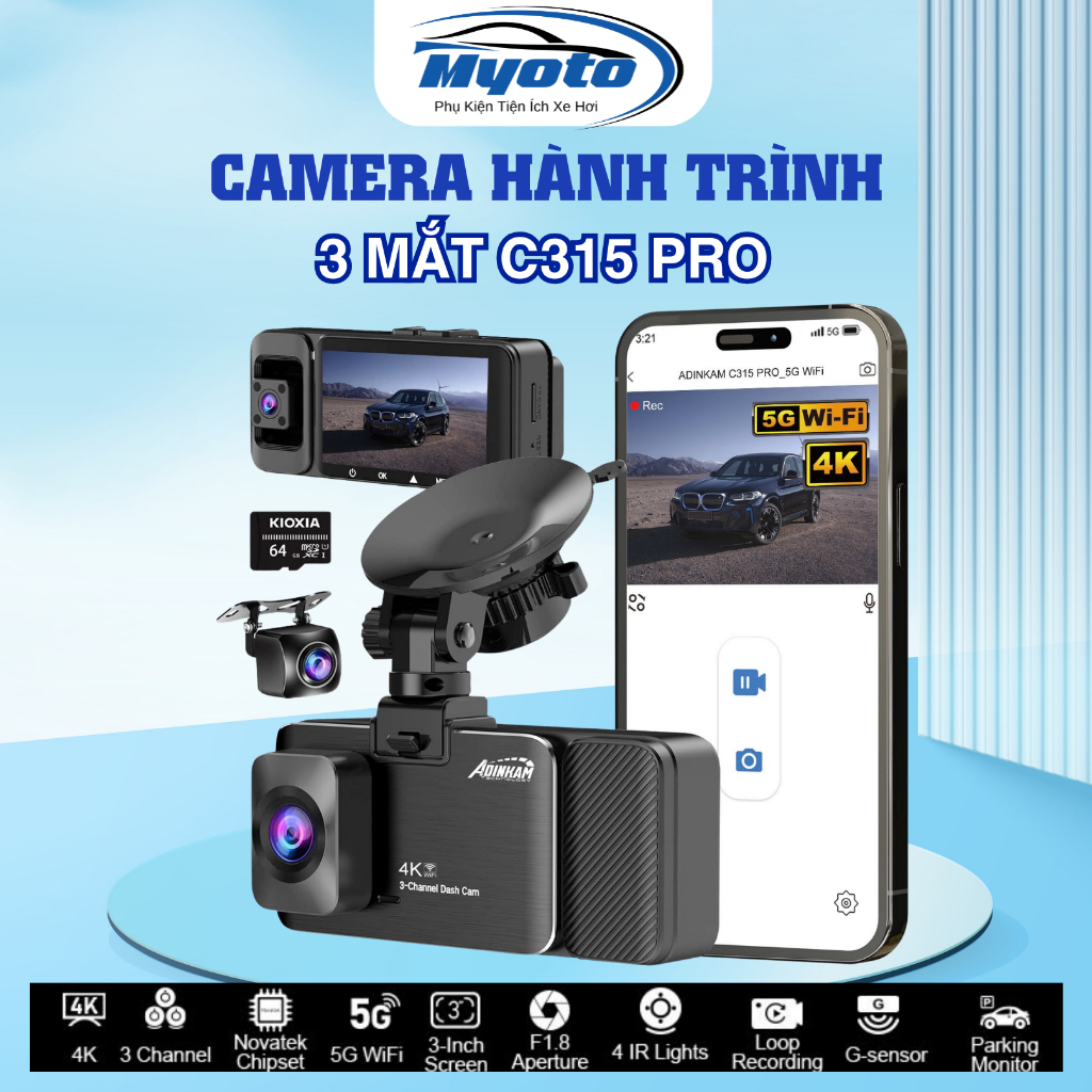 Camera Hành Trình 3 Mắt C315 PRO Quay Trước Trong Và Sau Xe 4K-1080P-1080P Kết Nối Điện Thoại