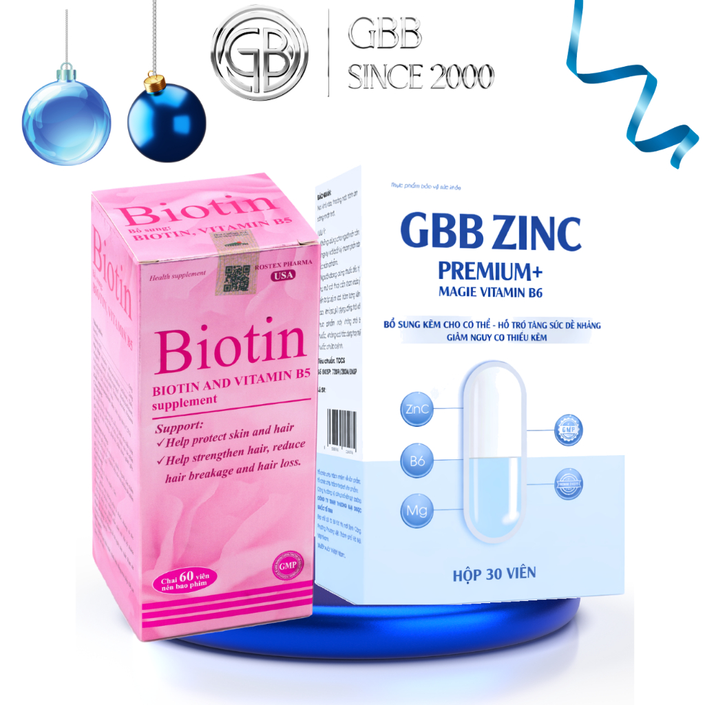 Combo Viên Uống Biotin và Kẽm hỗ trợ giảm rụng tóc, mọc tóc hiệu quả (Kẽm 30 viên & Biotin 60 viên)