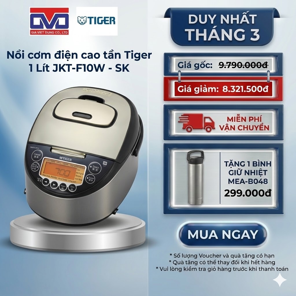 Nồi cơm điện cao tần Tiger 1 Lít - 13 chế độ nấu tự động hoá - JKT-F10W - Hàng chính hãng