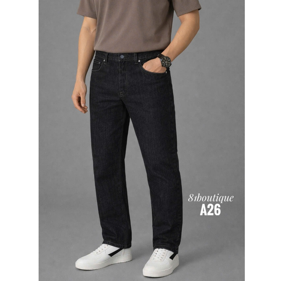 81 BOUTIQUE - Quần Jean Nam Ống Suông Nhẹ Đen Tiêu Indigo A26, Quần Jeans Denim Mềm Bền Màu Form Đẹp