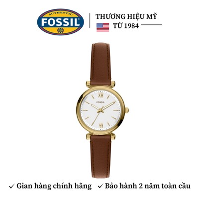 Đồng hồ nữ Fossil Carlie ES5464 mặt trắng 28MM, vỏ màu vàng, dây da nâu