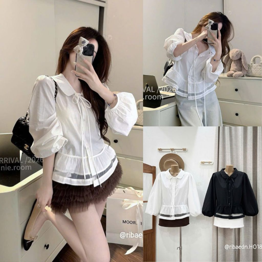 Áo Sơ Mi Nữ Cổ Peter Pan Buộc Nơ Tay Phồng Dáng Peplum Thanh Lịch – Áo Kiểu Nữ Trắng/Đen Form Rộng X