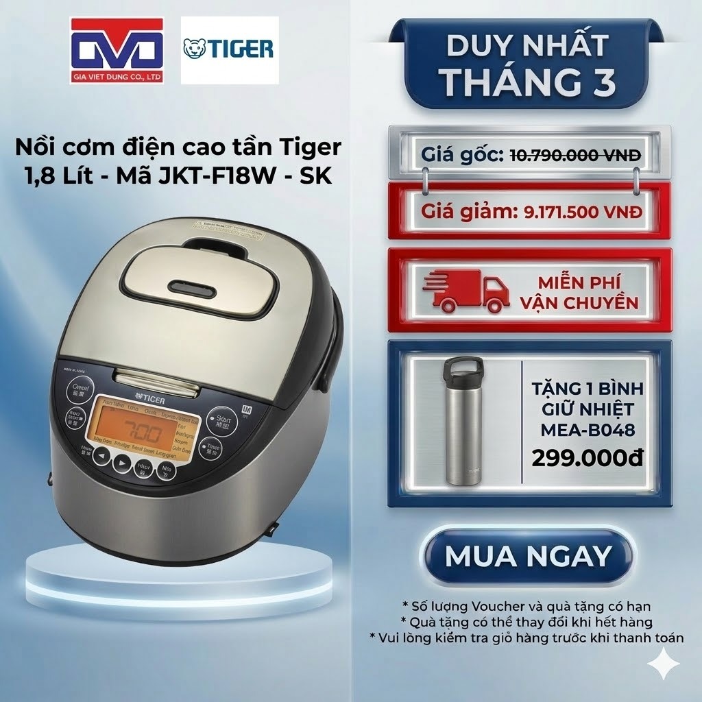 Nồi cơm điện từ cao tần Tiger 1.8 Lít - 13 chế độ nấu tự động hoá - JKT-F18W-SK - Hàng chính hãng