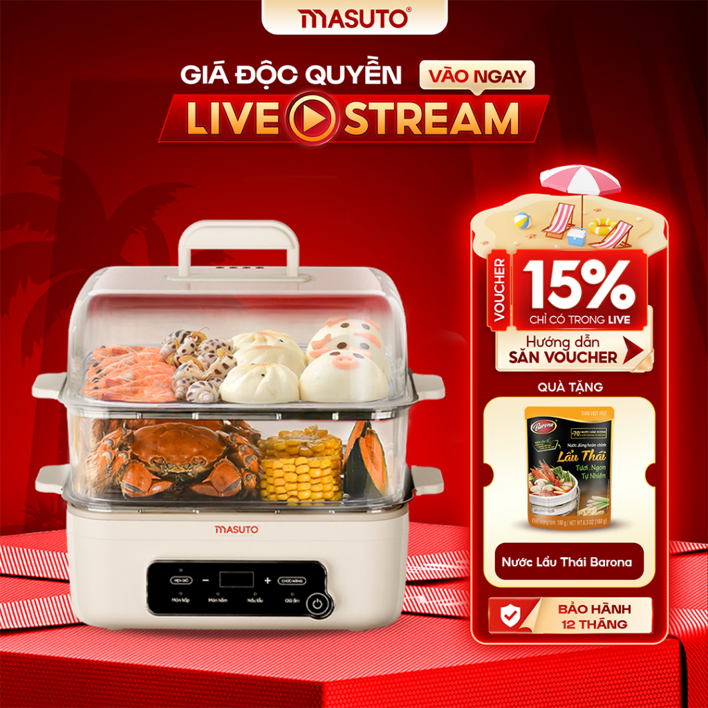 Nồi Lẩu Hấp Điện Đa Năng 3in1 Masuto MSSteam 14,5L 1500W, Vừa Nấu Lẩu, Hấp, Hầm, Hấp Gà Nguyên Con, Tặng Cốt Lẩu Barona