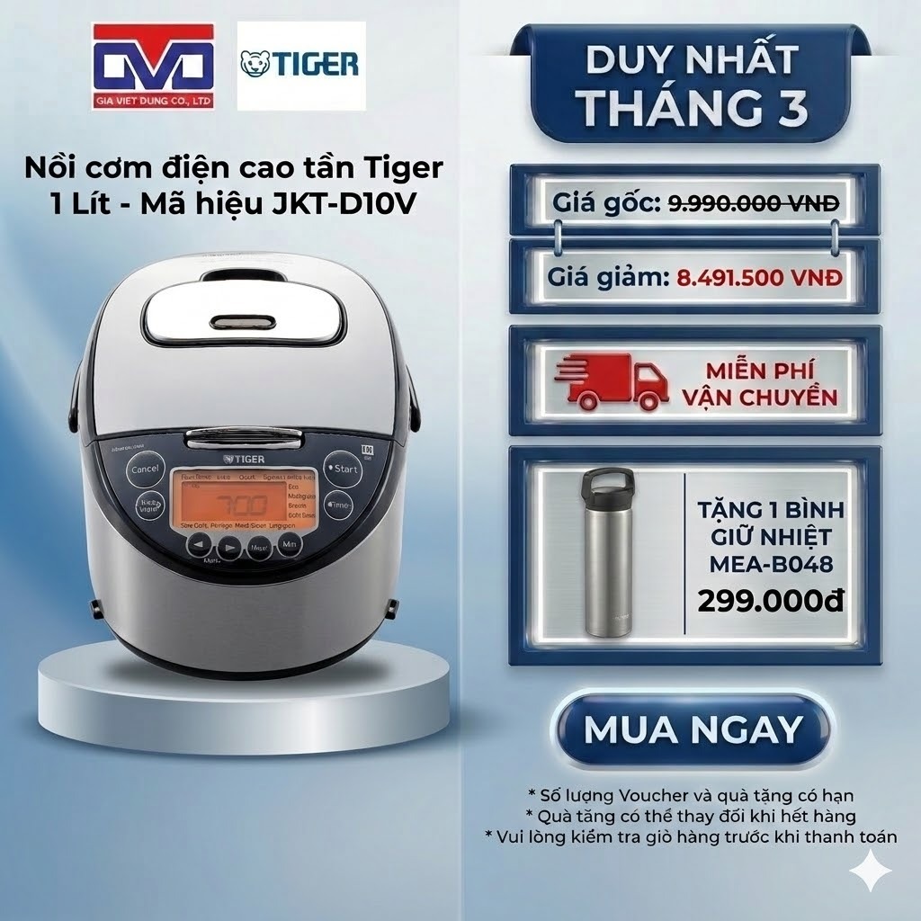 Nồi cơm điện cao tần Tiger 1 Lít - Nấu cơm ngon như nhà hàng - JKT-D10V - Hàng chính hãng
