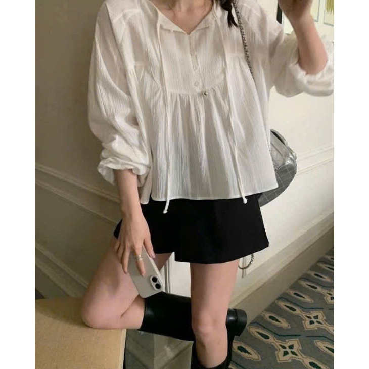 Áo baby doll cổ tròn buộc nơ khuy dọc 3 màu chất thô đũi mỏng mát by Cimie Closet