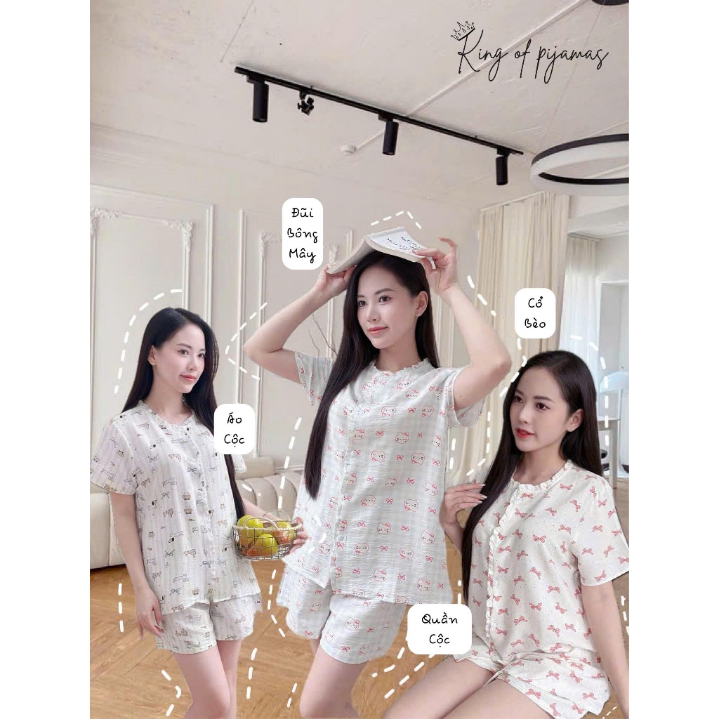 [Set đồ bộ Kingofpijamas]-Chất Đũi Mây, Cổ Bèo Siêu Mát Bộ Pijama Nữ Mặc Nhà Áo Cộc Quần Cộc