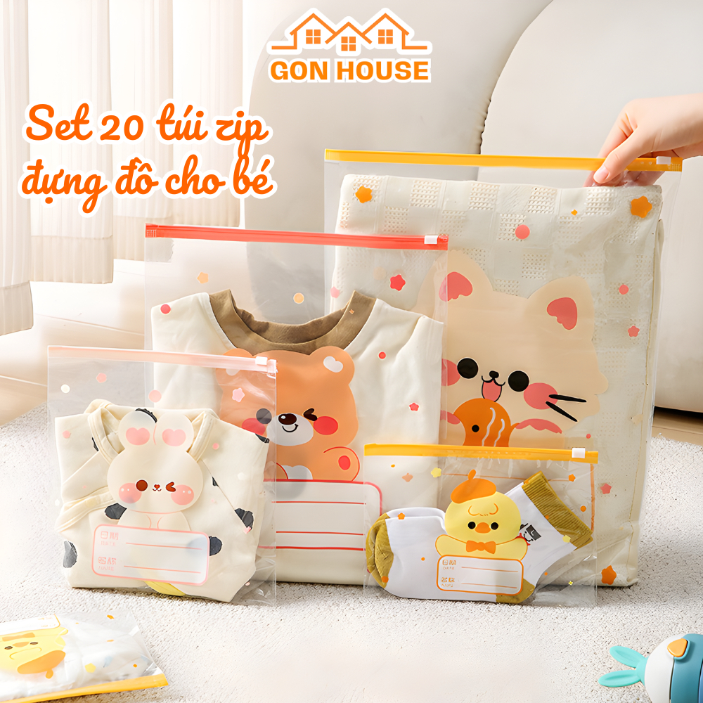 Set 20 Túi Zip Đựng Đồ Cho Bé GONHOUSE Nhiều Kích Cỡ Hình Thú Dễ Thương, Túi Đựng Quần Áo, Du Lịch Tiện Lợi