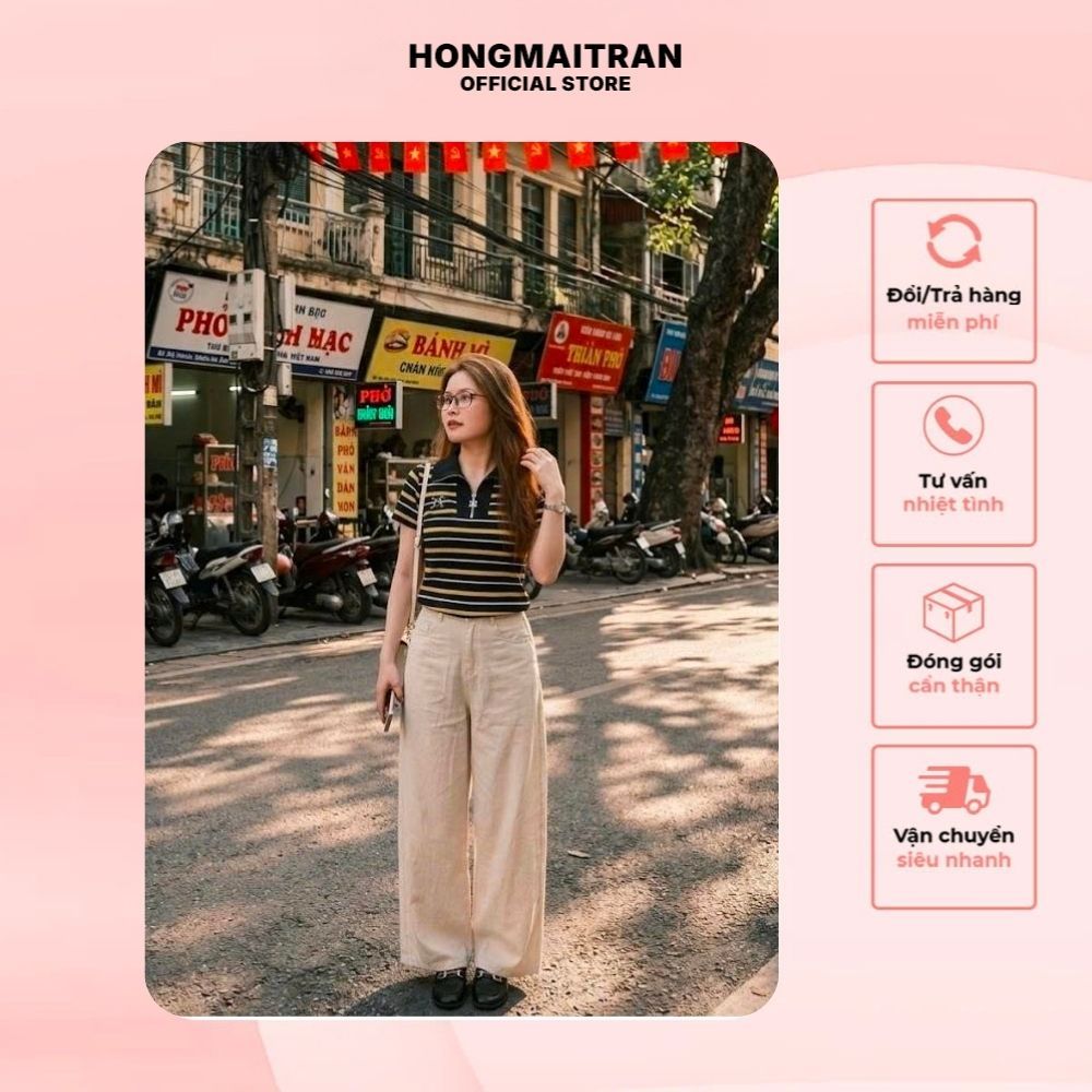 Set Đồ Nữ MeiMei Áo Thun Polo Nữ Kẻ Ngang Phối Quần Ống Rộng Thời Trang ST25519