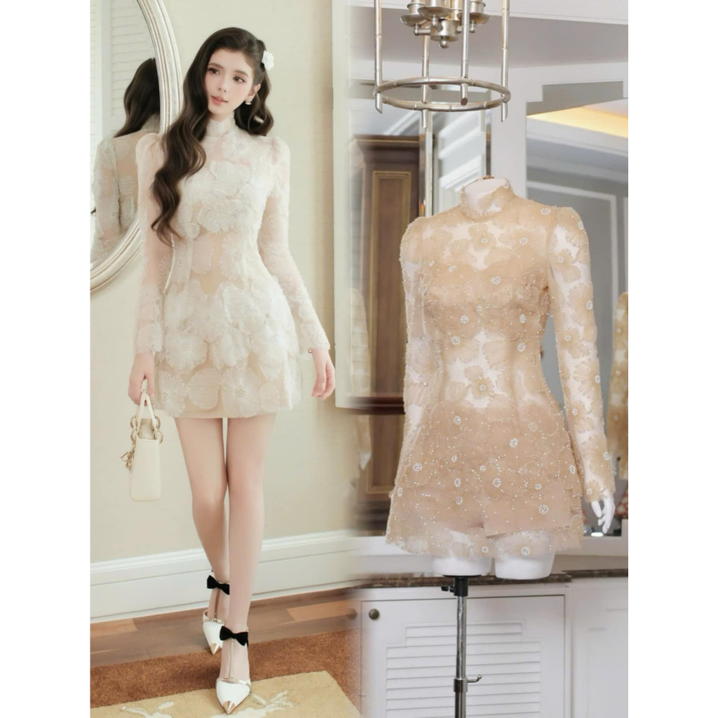 𝐍𝐄𝐖 𝐀𝐑𝐑𝐈𝐕𝐀𝐋 ✨ CAM KẾT CHUẨN HÌNH (𝐎𝐑𝐀𝐍𝐆𝐄 𝐒𝐓𝐔𝐃𝐈𝐎𝐒 ) - Kita Dress 5 - Đầm Thiết Kế Tay Dài Vải Ren Dán