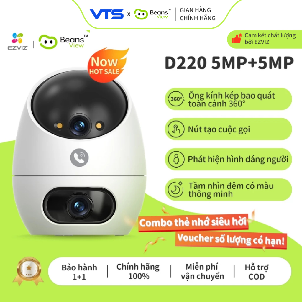 Camera Wifi 2 Mắt BeansView D220 (3MP+3MP)/(5MP+5MP) Trong Nhà, Ống Kính Kép, Tích Hợp Nút Gọi, Đàm 