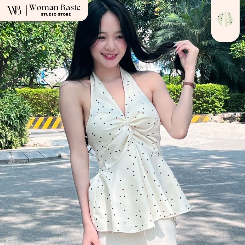 Áo yếm nữ WOMAN BASIC xoắn ngực lưng chun họa tiết chấm bi co dãn CÓ MÚT chất thô cotton AY10 | BigBuy360 - bigbuy360.vn