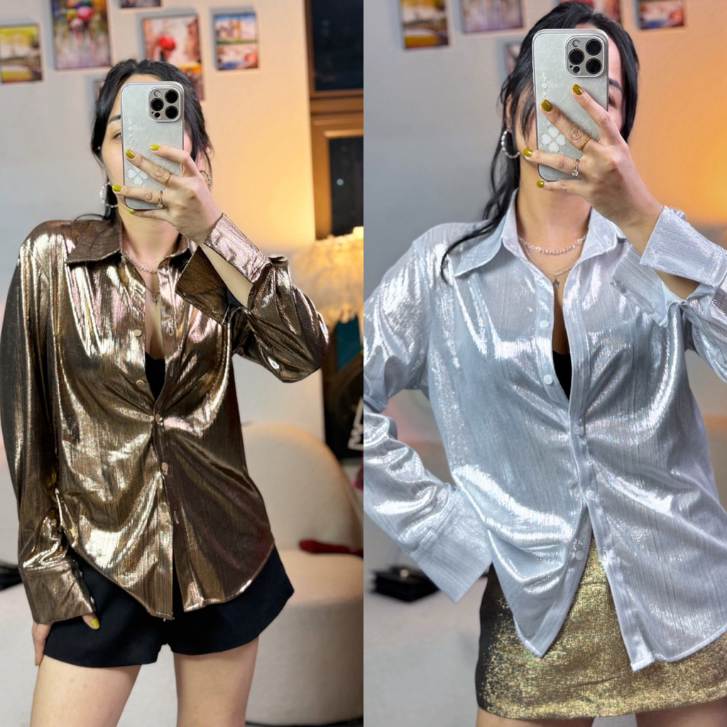 Sunny Shop_ Áo Sơ Mi Nhũ Lạnh Blink Blink Các Màu Form suông dáng Basic