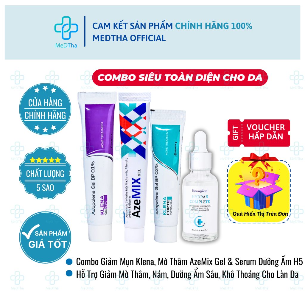 [BỘ 3 SIÊU TOÀN DIỆN CHO DA] Adapalene Klena, AzeMix Gel, Serum Hydra 5 Complete Giúp Da Căng Bóng