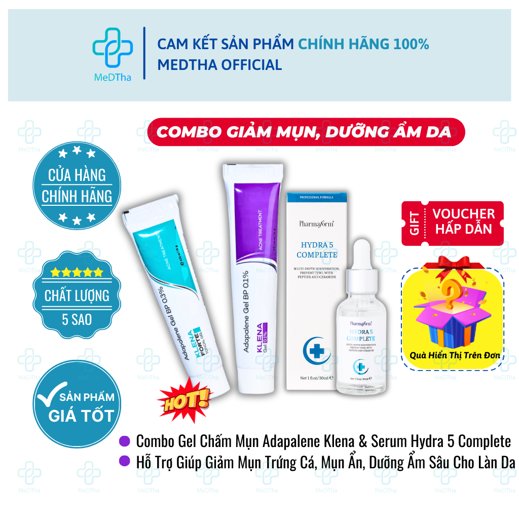 [BỘ ĐÔI GIẢM MỤN, DƯỠNG ẨM, PHỤC HỒI DA] Gel Chấm Mụn Adapalene Klena & Serum Hydra 5 Complete