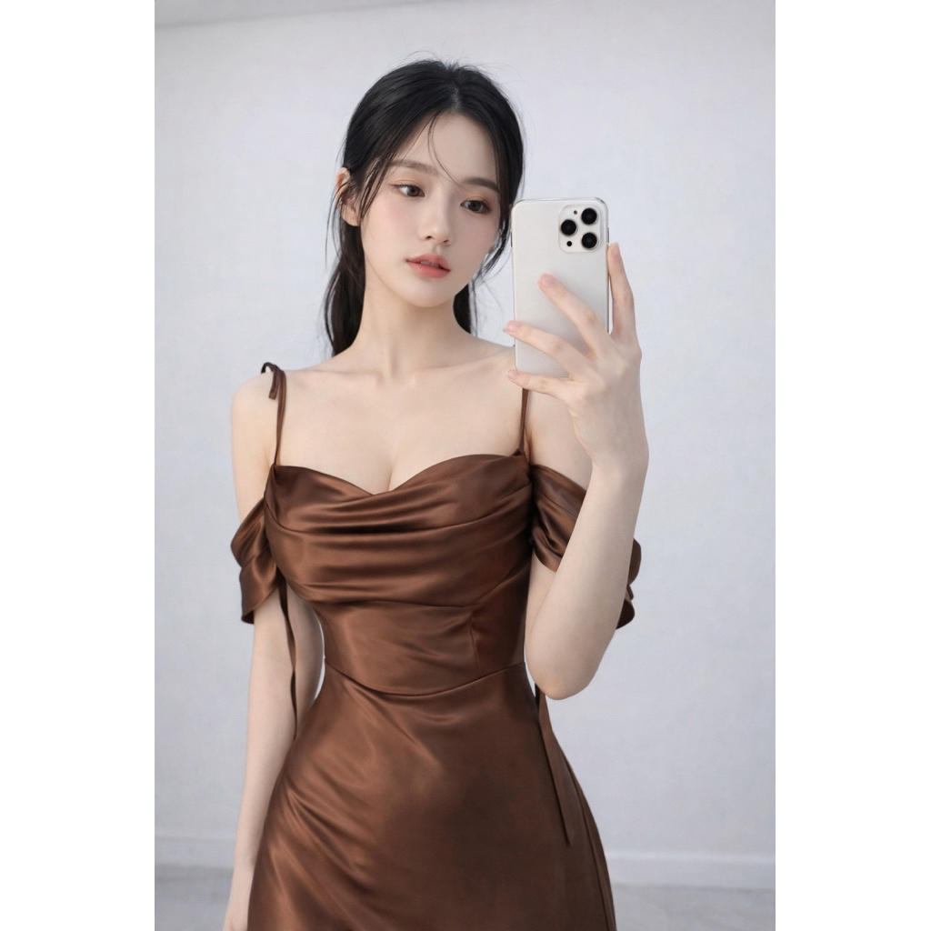 Váy Lụa Satin Nâu Cao Cấp Tôn Dáng Mềm Mại Quyến Rũ Chuẩn Gu Sang Chảnh - Moment House