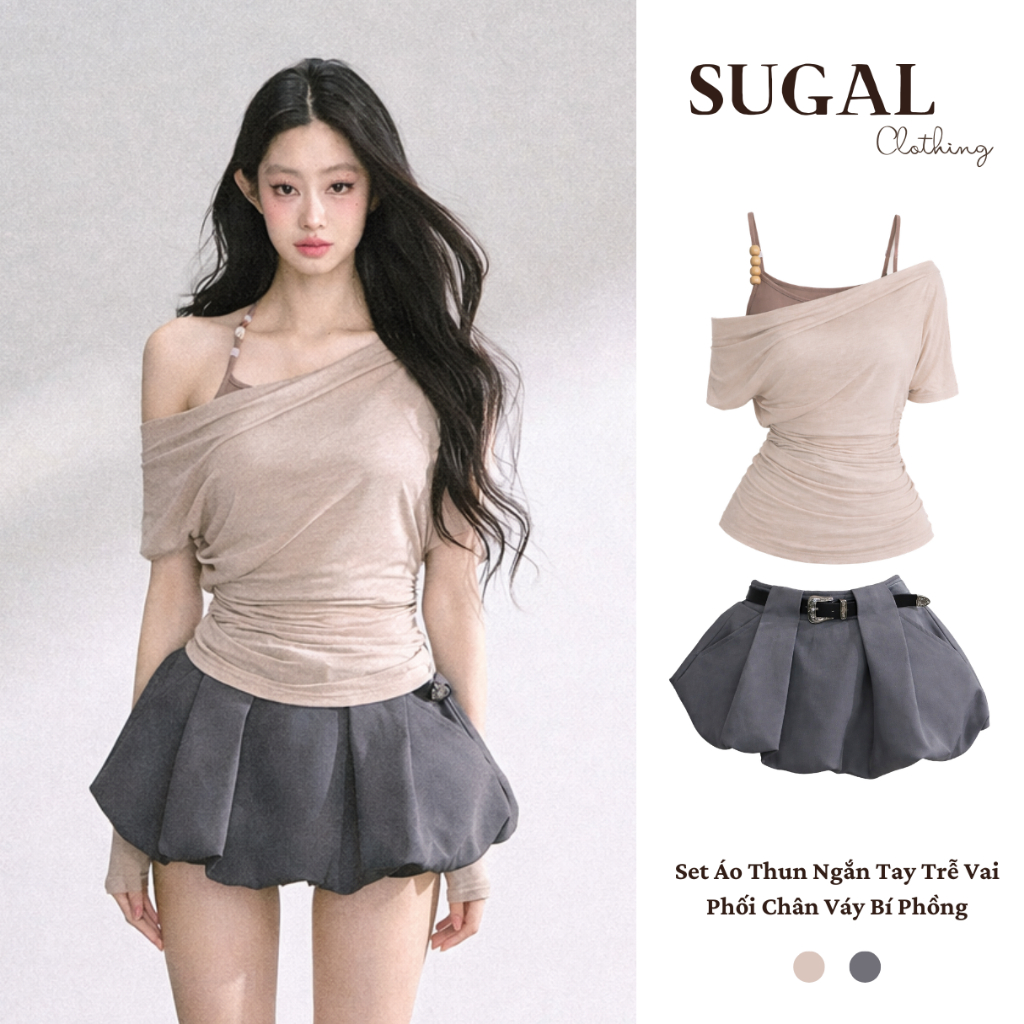 (Màu Mới) SUGAL - Set Áo Ngắn Tay Trễ Vai KÈM ÁO HAI DÂY Phối Cùng Chân Váy Bí |TOP 284V2 (Ngắn Tay)