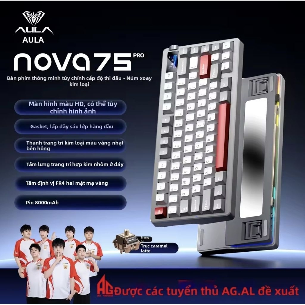 Bàn phím cơ không dây AULA NOVA 75 PRO - Màn hình TFT, 3 Mode, Plate FR4, Pin 8000mAh, Led RGB
