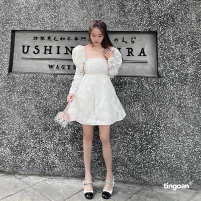 TINGOAN®  Váy liền tay bồng bóng kính vân hoa 3 lớp vải PRETTY IN ROSÉ DRESS/WH