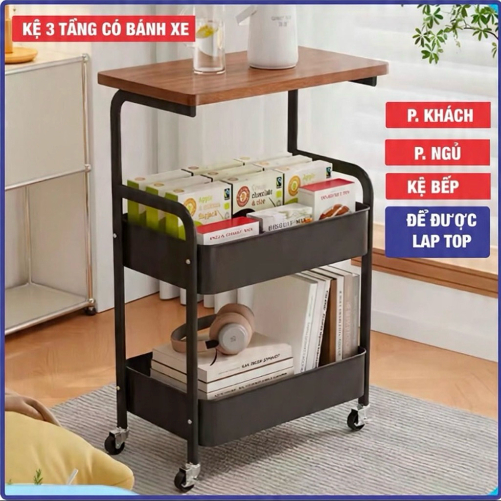 [ Loại 1 có bảo hành ] Kệ 3 Tầng Có Bánh Xe Kim Loại Xoay 360 Độ , Mạt Bàn Gỗ MDF Chống Mối Mọt Để S
