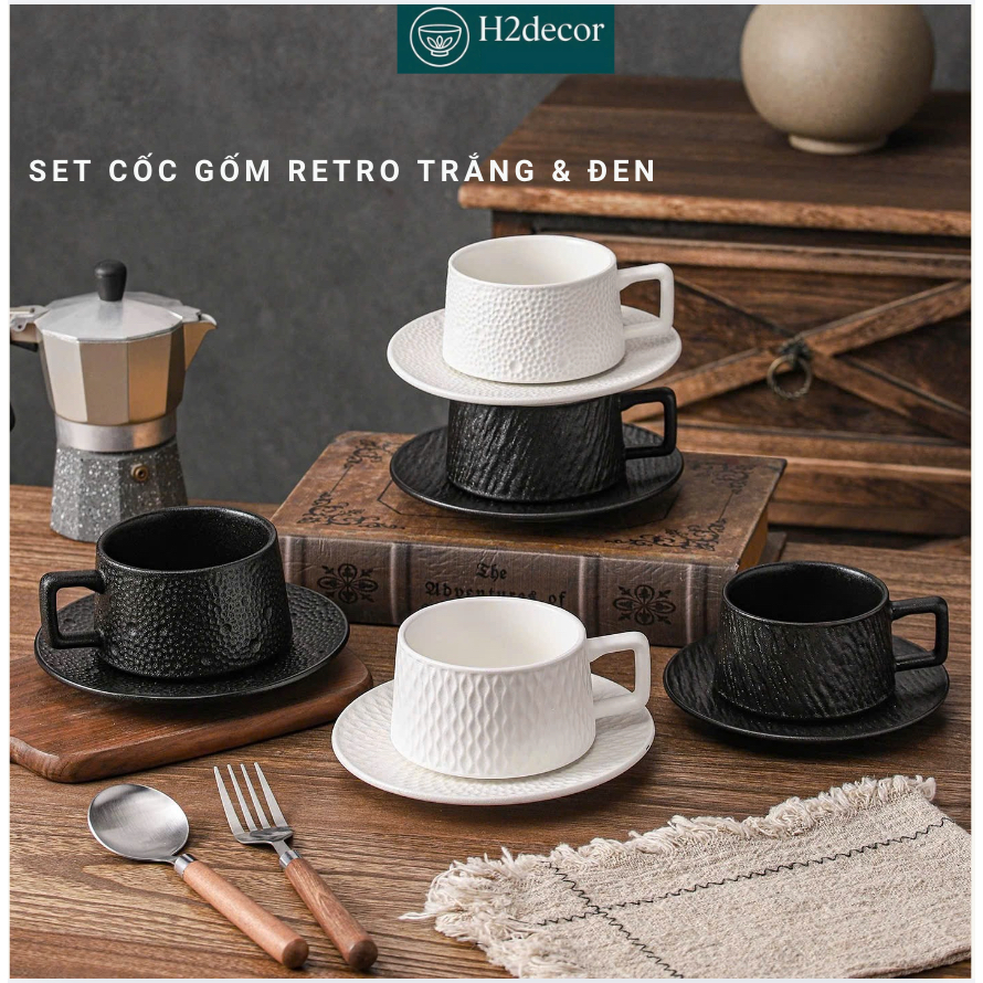 Set Cốc Gốm Sứ Retro Trắng Đen Kèm Đĩa Lót – Ly Cà Phê Cao Cấp Phong Cách Bắc Âu H2Decor