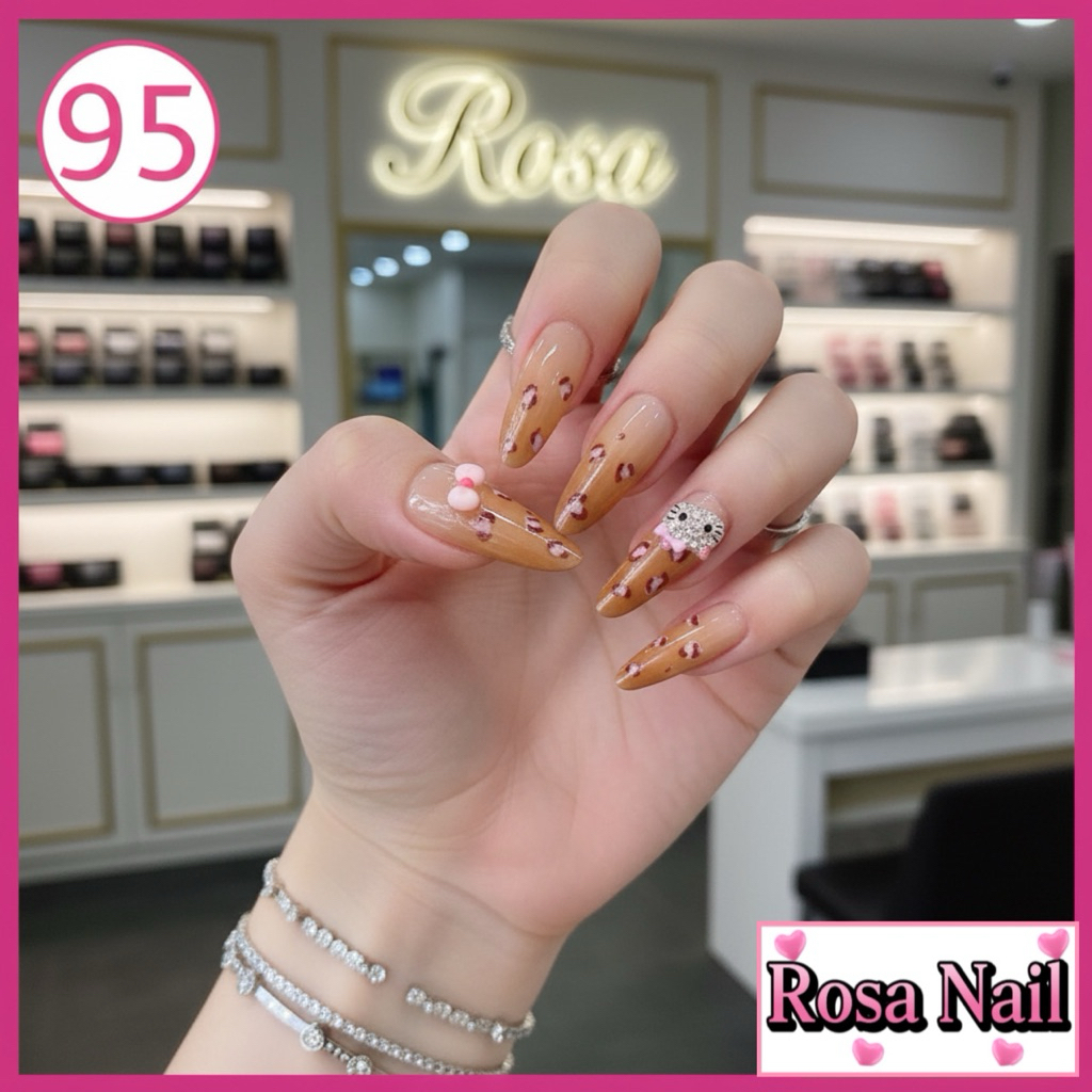 (95) Nailbox 10 móng tay giả hello kitty da báo - Rosa Nail