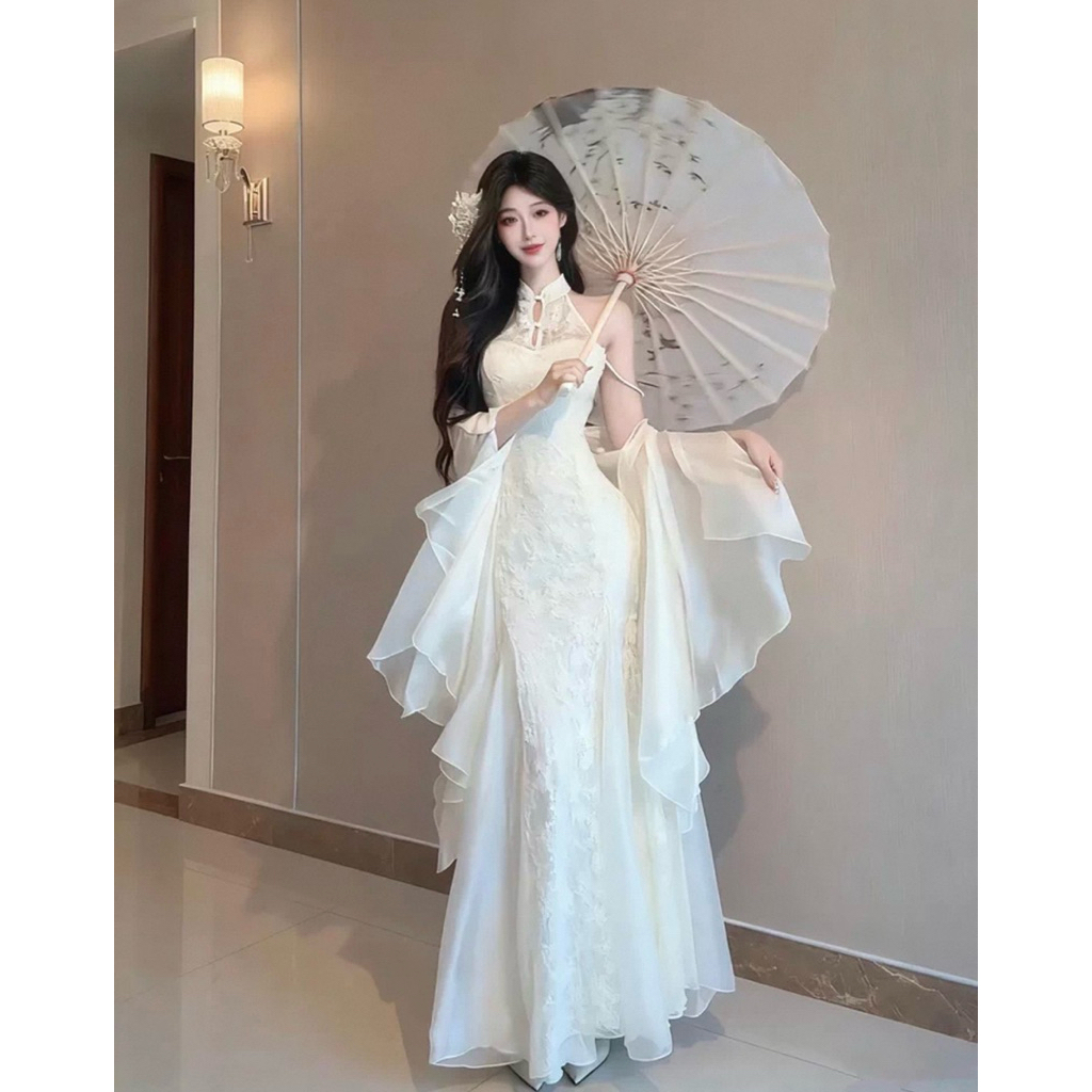 NEW| Váy thiết kế sườn xám lông vũ nhà Thanh Kiều tặng áo choàng | BigBuy360 - bigbuy360.vn