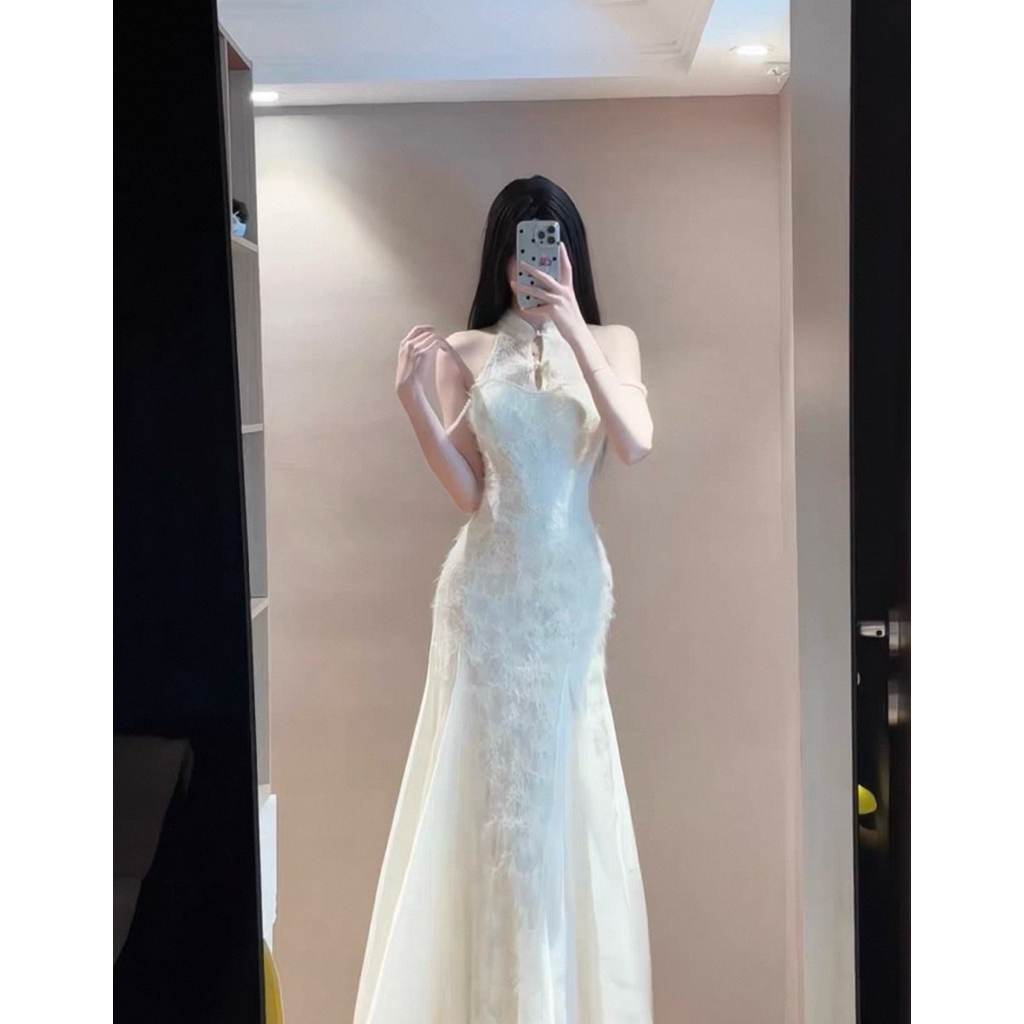 NEW| Váy thiết kế sườn xám lông vũ nhà Thanh Kiều tặng áo choàng | BigBuy360 - bigbuy360.vn