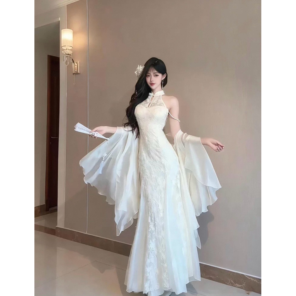 NEW| Váy thiết kế sườn xám lông vũ nhà Thanh Kiều tặng áo choàng | BigBuy360 - bigbuy360.vn