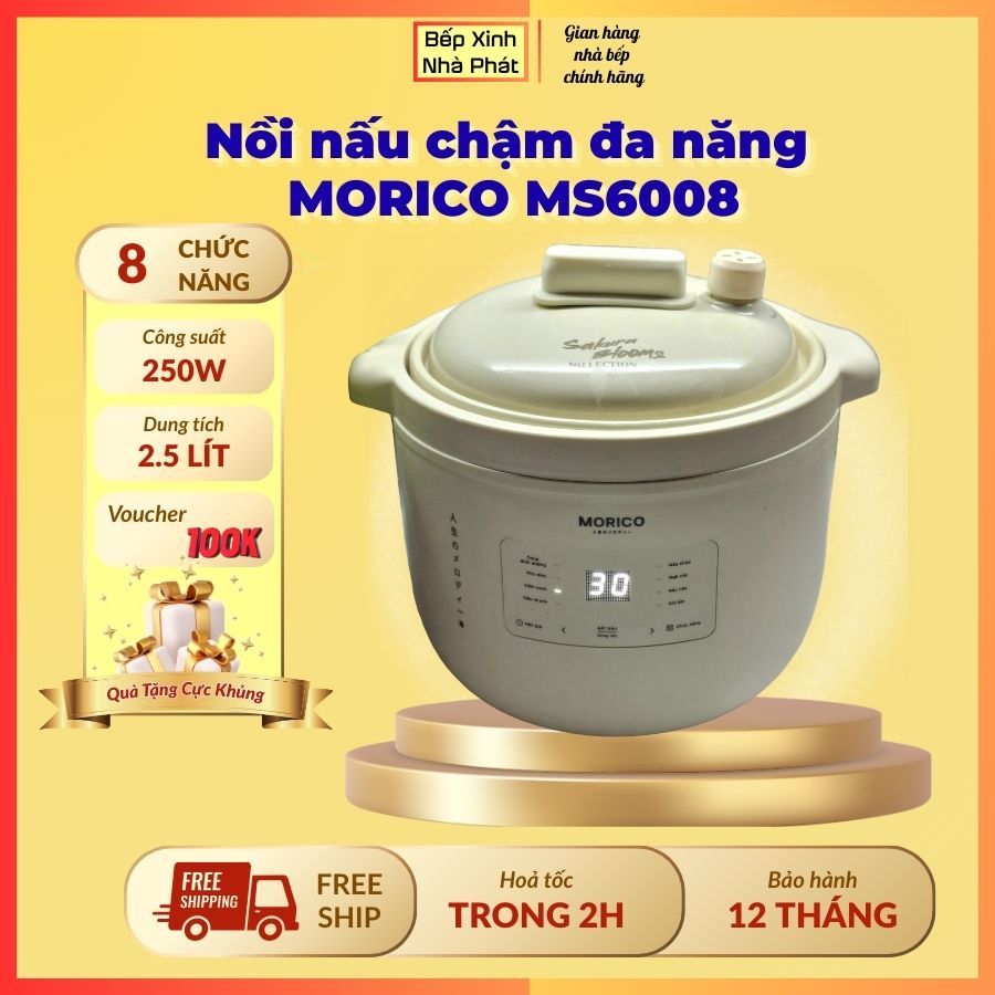 [Chính hãng] Nồi nấu chậm MORICO MS6008, giữ ấm, hẹn giờ, 8 chế độ tự động, lồng nồi gốm Ceramic cao cấp, xinh xắn