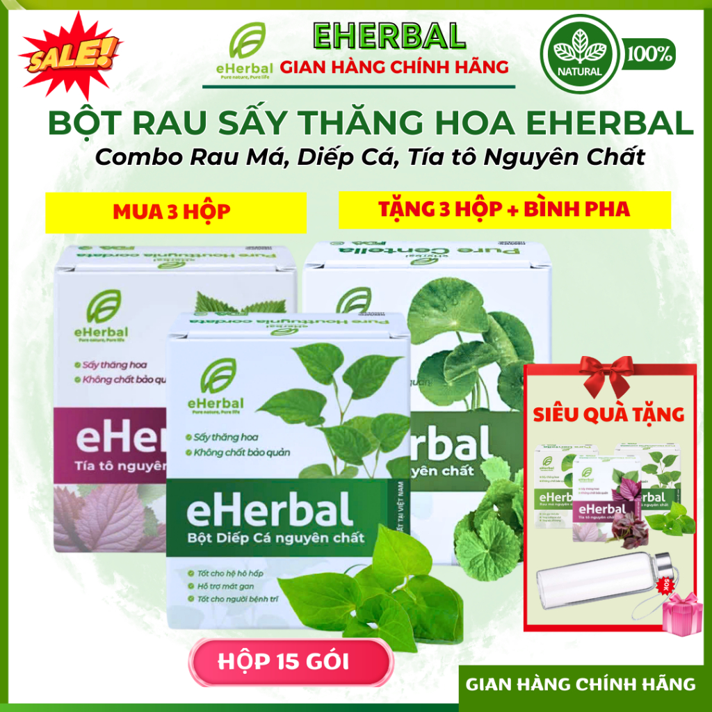 [CHÍNH HÃNG] Bột Detox 3 Vị Rau má, Diếp Cá, Tía Tô Nguyên Chất Eherbal Sấy Thăng Hoa- Hộp 15 gói