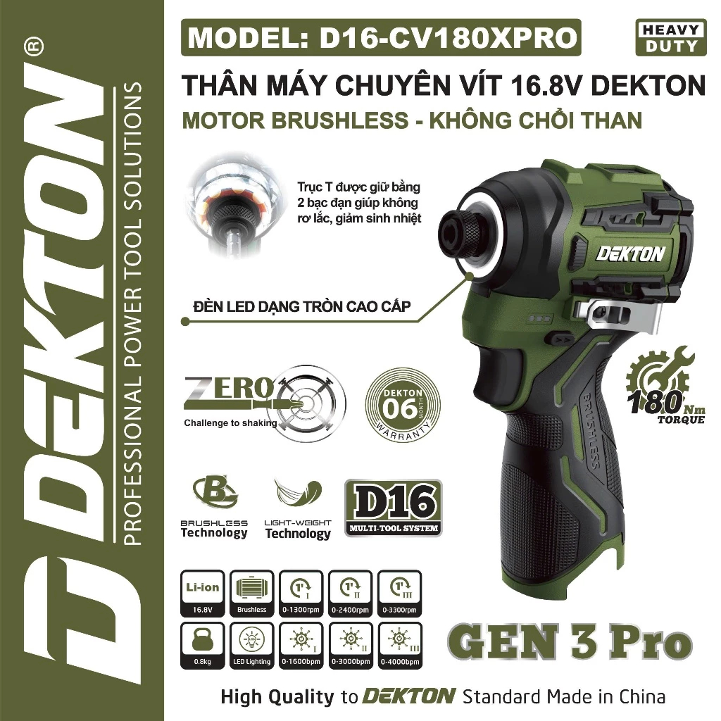 Máy tháo lắp ốc vít cầm tay hoạt động bằng pin, hiệu DEKTON, model D16-CV180XPRO, màu olive